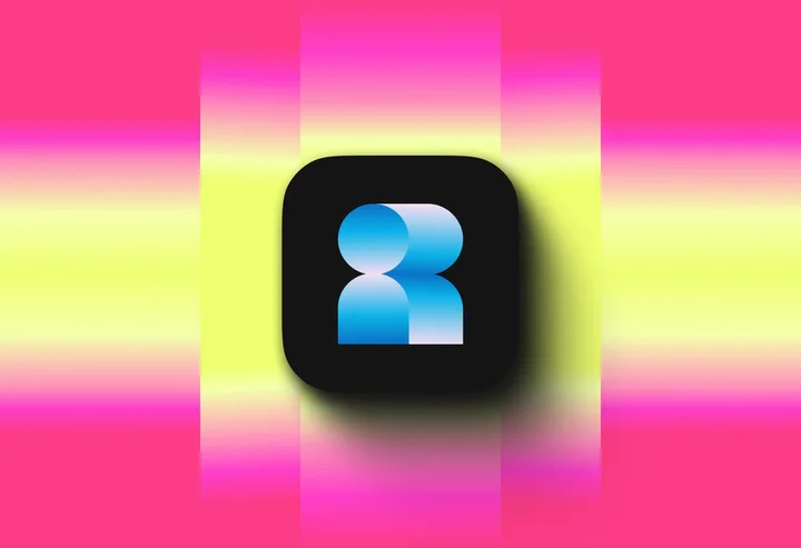 A black rounded app icon with a blue gradient symbol floats over bright pink and yellow bands.