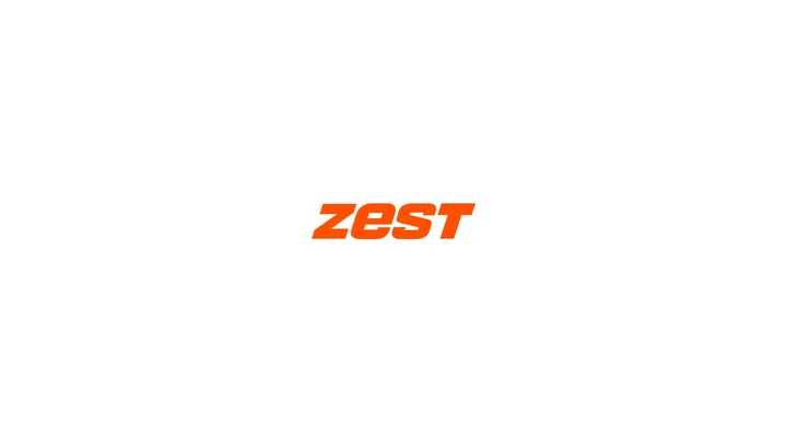 An italic orange Zest wordmark sits in the centre of a white background.